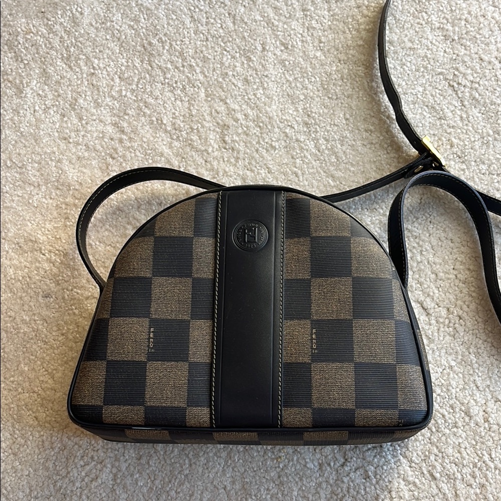 Fendi Black and Brown Crossbody Bag with Checkered Pattern and Logo